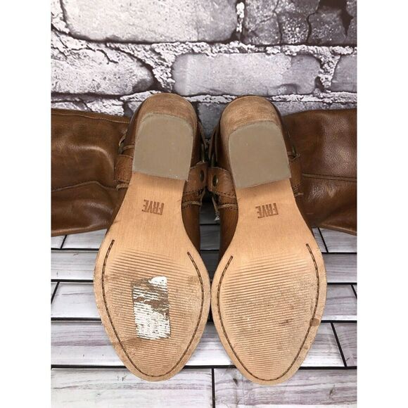 Frye Tan Brown Leather Harness Side Zipper Heel Boots Women Sz 6M US/37EU - Picture 7 of 15